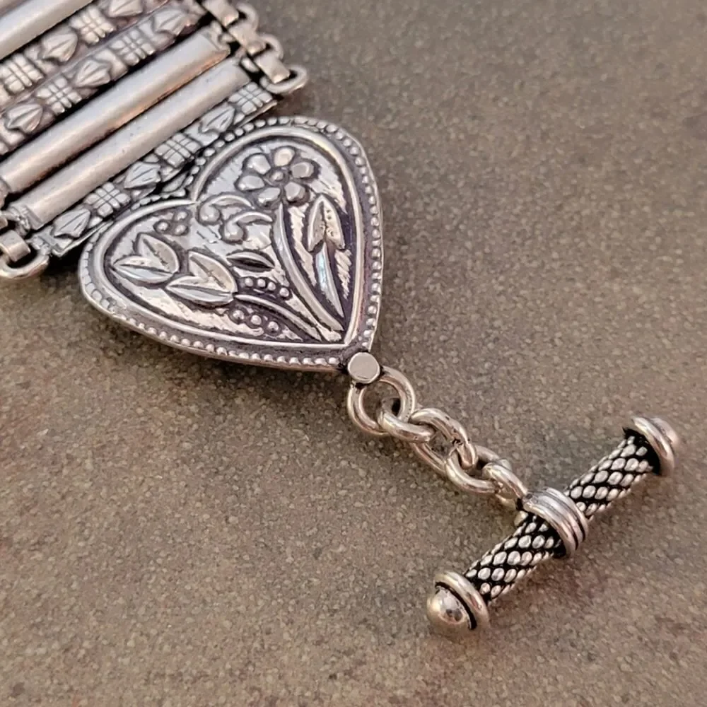 Artisan Sterling Rajasthani Wide Decorative Heart Flower Embossed Link Bracelet